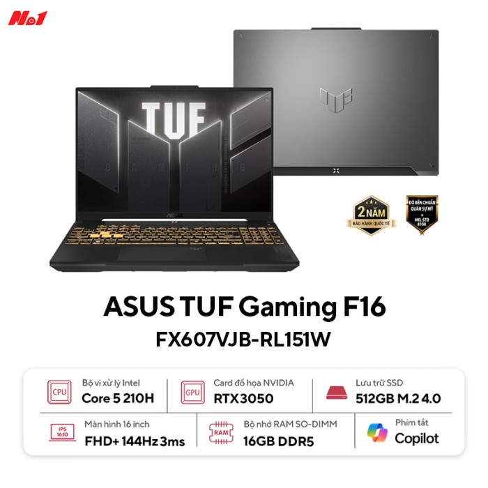 2. Laptop ASUS TUF Gaming F16 FX607VJB-RL151W (Core™ 5 210H, RTX 3050 6GB, 16GB, 512GB, 16 inch FHD+ 144Hz, Win11, Xám)